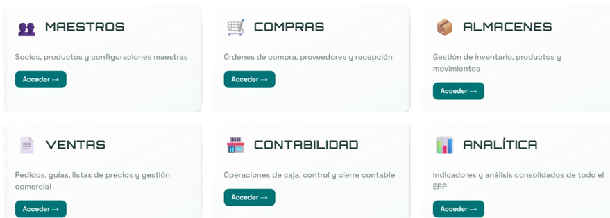 Vista de los módulos del ERP RICS